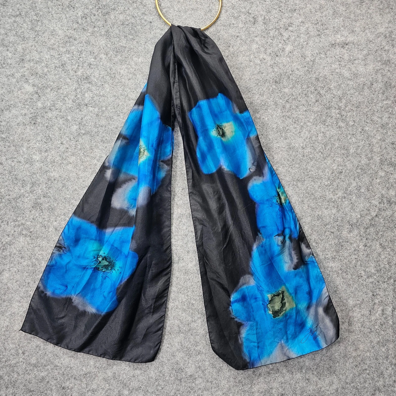 Summer Silk Scarf Black Blue Floral Watercolor Art Hand Painted HUO QUEBEC 10x56