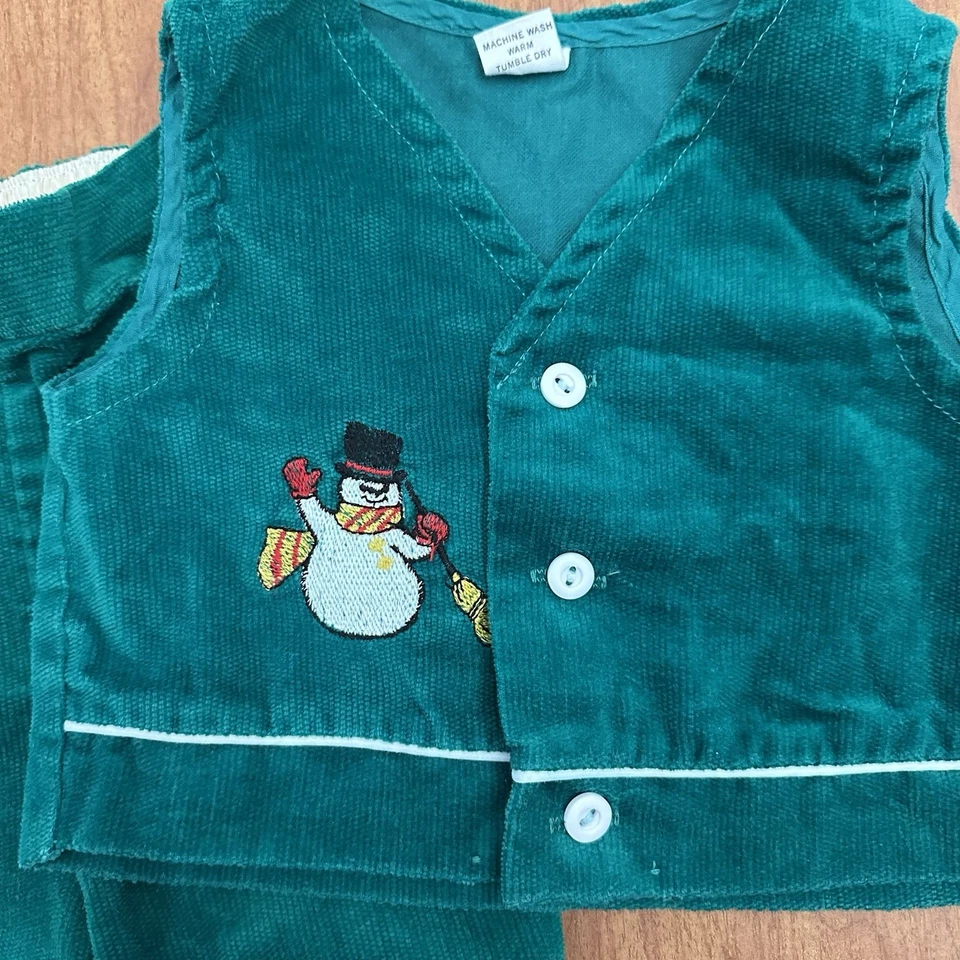 Conjunto de Pantalones Chaleco Muñeco de Nieve Sears Años 70 De Colección Talla 12-18 Meses Pana Verde Bebé Años 80 Foto 2 de 4