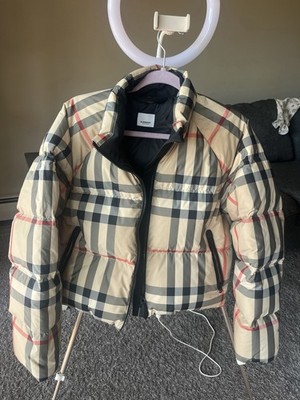 Burberry Plaid Puffer Jacket Beige Heavyweight Zip Quilted Women s Size M