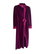 Vintage Gilligan  O  Malley Velour Satin Ruffle Maxi Robe Magenta Housecoat XS