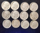 Roosevelt Dimes Lot Of 12 1 Oz 90% Silver 10c 1946-1964
