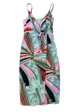 Jason Wu Abstract Print Linen Blend Midi Dress Size 2 Tie Front Art Deco EUC