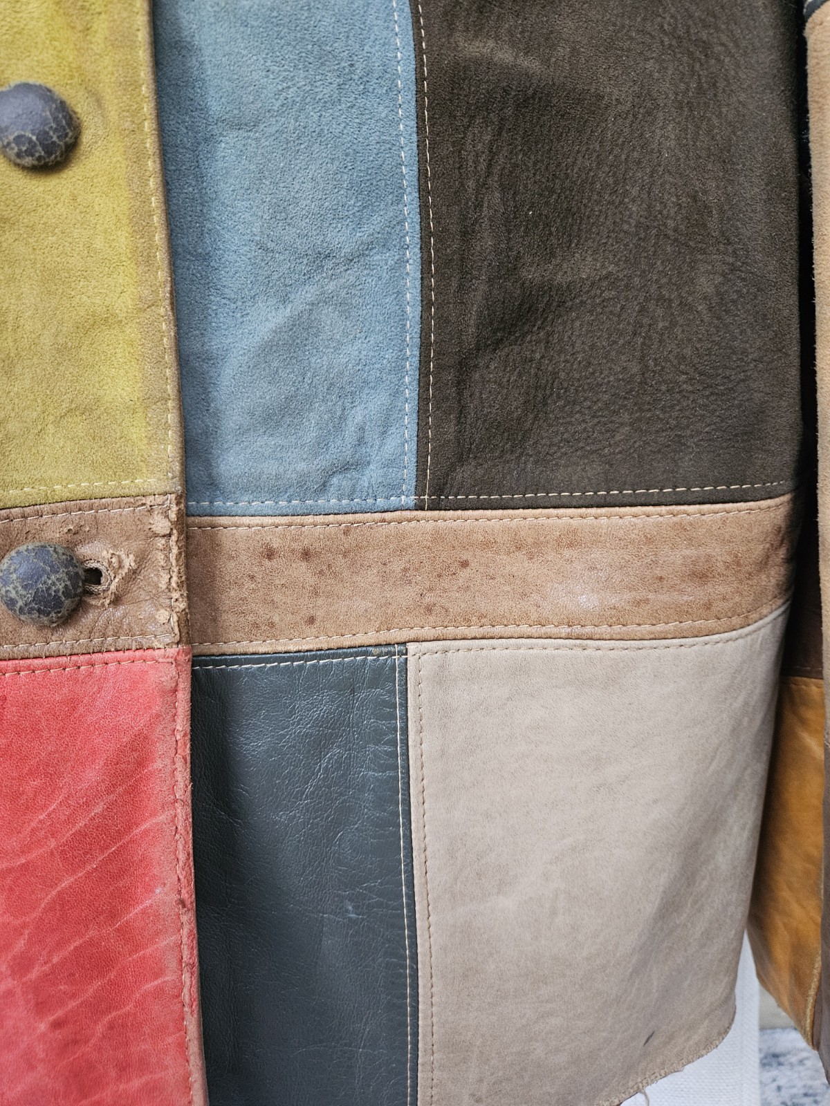 VTG 70S Multicolor Patchwork Leather Button Jacke… - image 7