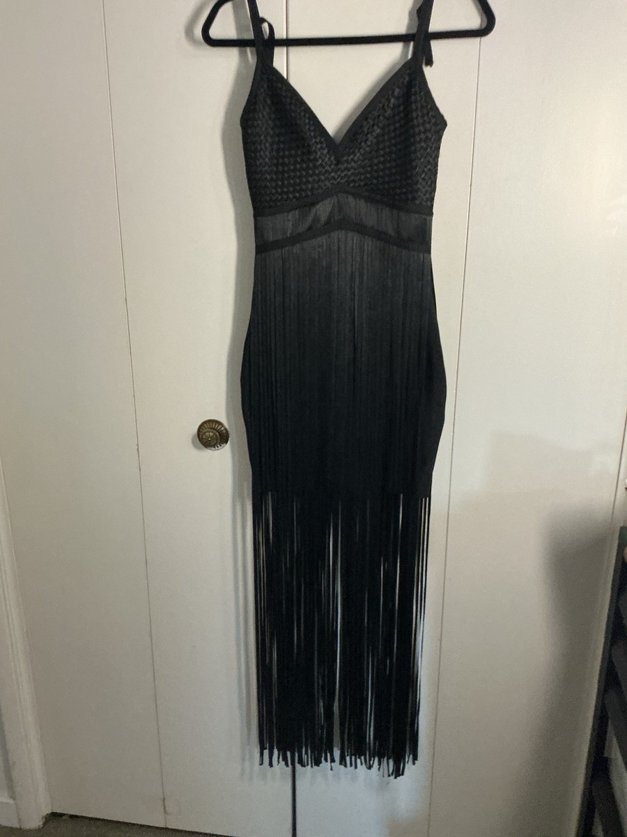 Gold Label Wow Couture Bandage Bodycon Fringe Hem Maxi Dress Black Size  Small