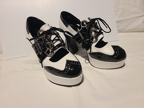 Black And White Knuckle Buckle 4" Platform Heels Funtasma Lace Up Women's 7 - Picture 1 of 5