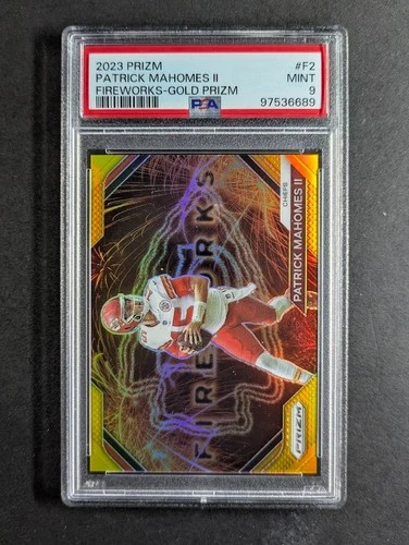 2023 Panini Prizm PATRICK MAHOMES II 1/10 True Gold Prizm Fireworks #F-2 PSA 9