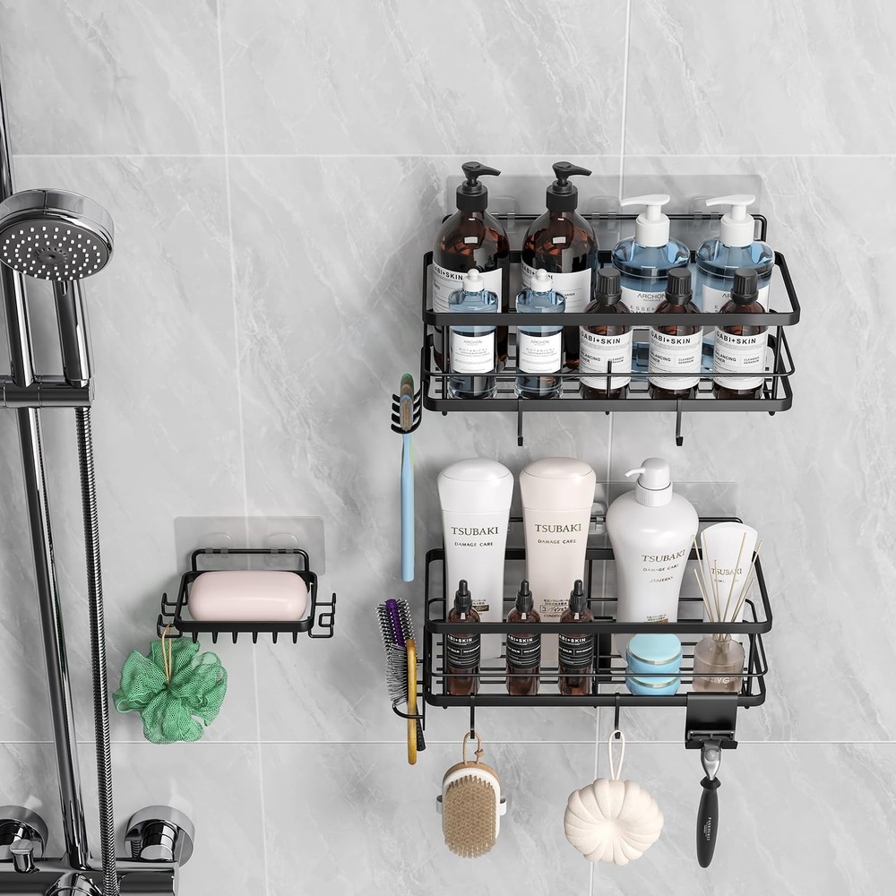 Improved Adhesive Shower Caddy with 9 Detachable Accessories Including Soap Dish