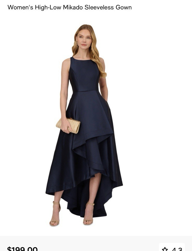 Adrianna Papell Midnight Navy Mikado Hi-Low Sleeveless Gown Pockets 14