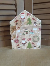 Handmade Primitive Christmas 7" Wood House with Scrapbook Paper, Ribbon & Button