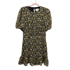 Sezane Margot Floral Mini Dress Black Yellow Puff Sleeve Ruffle Hem Size 36