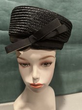 Vtg Womens Ladies Pillbox Hat Union made Black Ribbon Derby Church Dress Ivory