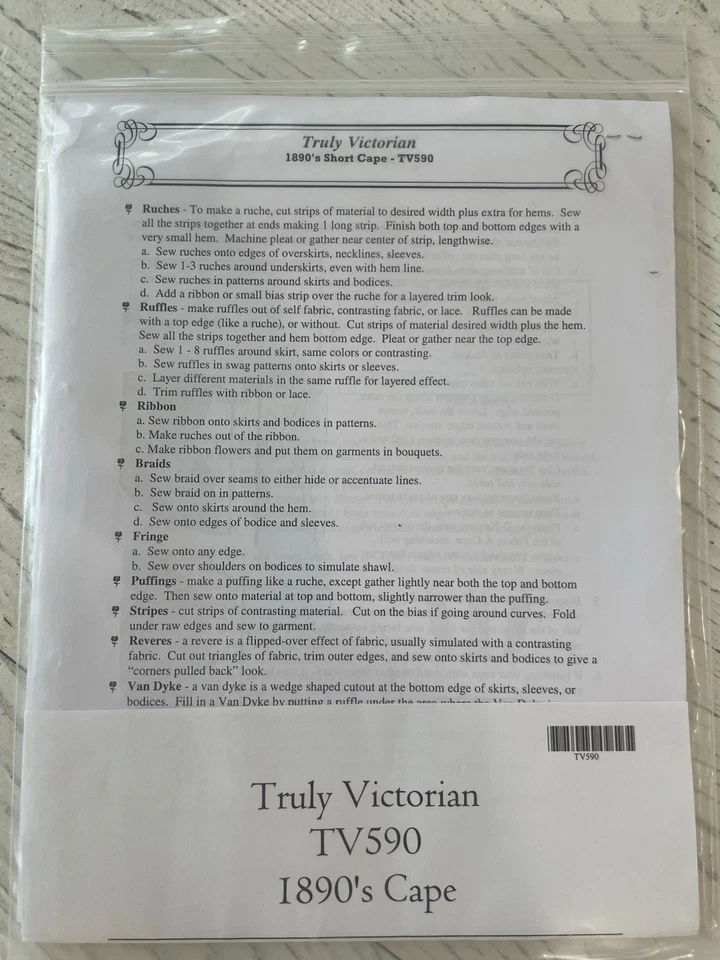 Vintage TV590 Truly Victorian 1890s Cape Pattern Multi Sized New Uncut - Image 3 of 3