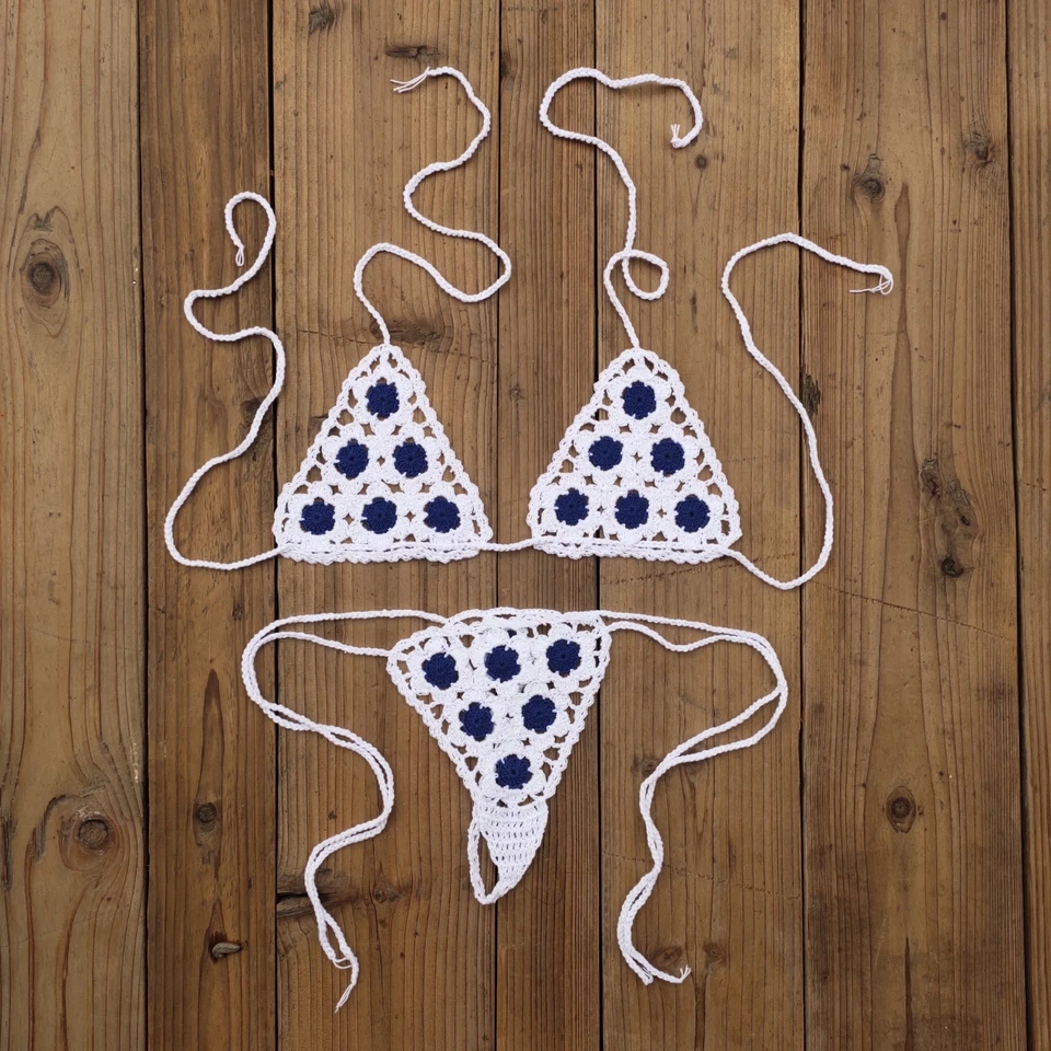 Micro Traje de baño de ganchillo a mano para mujer Mini conjunto de bikini extremadamente sexy apliques huecos Foto 4 de 4