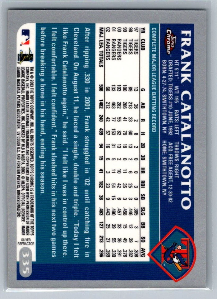 Refractores Frank Catalanotto Silver 2003 Topps cromo #335 Toronto Blue Jays C99 Foto 2 de 2