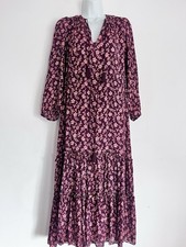 Ulla Johnson Midi Dress UK 10 Burgundy Pink Floral Silk Cotton Tiered Flaws