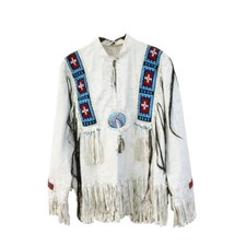 Men Native American Western White Cowhide Leather Fringe Beaded Shirt Handmade