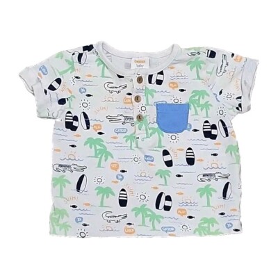 Gymboree Tiny Tropics White T Shirt Henley Boy 3-6m Baby  Pocket Rolled Cuff 