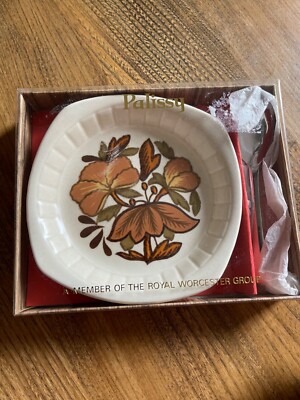 Vintage Royal Worcester Palissy Marmeladenschale und Löffel Originalkarton, unbenutzt