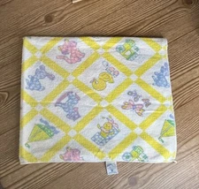 Vintage Riegel Yellow Baby Receiving Blanket Bunnies Chicks Kittens Boats Trains