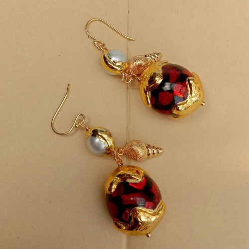 Cultured White Pearl Red Murano Glass Drop Dangle 18kt Gold Over Hook Earrings - Picture 3 of 4