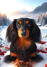 Dachshund Black/Tan LH Winter Berries Flag