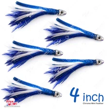 5pcs 4" mini tuna feather 1/2oz Bullet chrome Head Trolling lure Blue White NEW