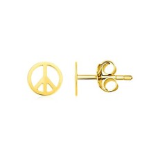 14k Real Solid Yellow Gold Trendy Stud Earrings with Peace Sign 6.9 mm 