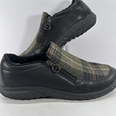 JBU by Jambu Shoes  Women's 7.5M  Black Plaid Olive Loafers Side Zipper Faux Fur