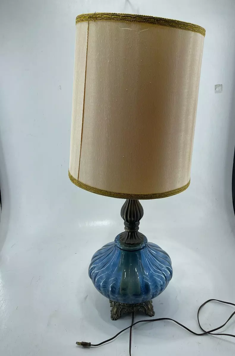 Vtg Mid Century Optical Topaz Blue Glass Brass Hollywood Regency Lamp Works
