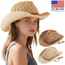 Women Men Western Cowboy Hat Straw Wide with Shapeable Brim Cowgirl Summer Hat