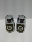 Vintage 1960s/70s Avocado Green-milk Glass- Crome Top Salt And Pepper Shakers