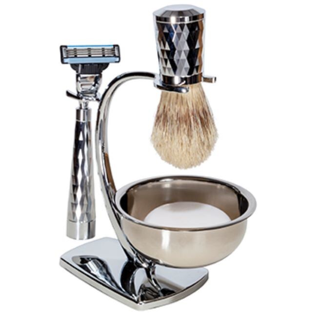 Kingsley, DIAMOND PATTERN HANDLE 4 pc. Shave Set Mach III Razor Stand Bowl Brush