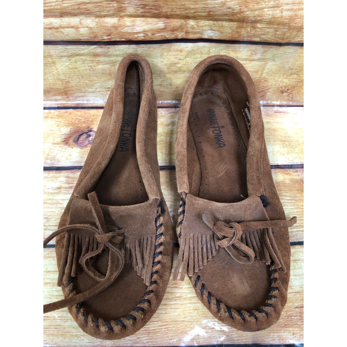 Minnetonka 402 Kilty Hardsole Brown Suede Moccasins Slip On