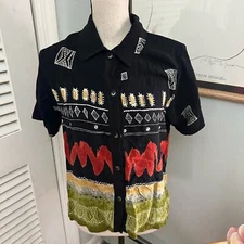 Vintage 90s AMY JESS Blouse Casual Button Down Rayon Artsy Bohemian Casual | M
