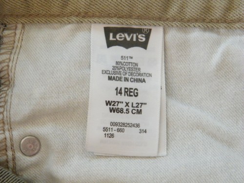 Boys Levi's 511 Jeans Tag Size 14 27x27 Measured 28x27 Slim Leg Tan School Pants - Picture 6 of 8