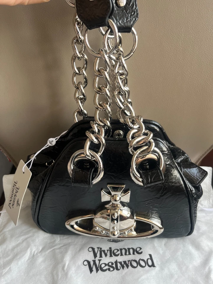 Vivienne Westwood Big Orb 2Chain Strap Black Leather Shoulder Bag - Image 2 of 4