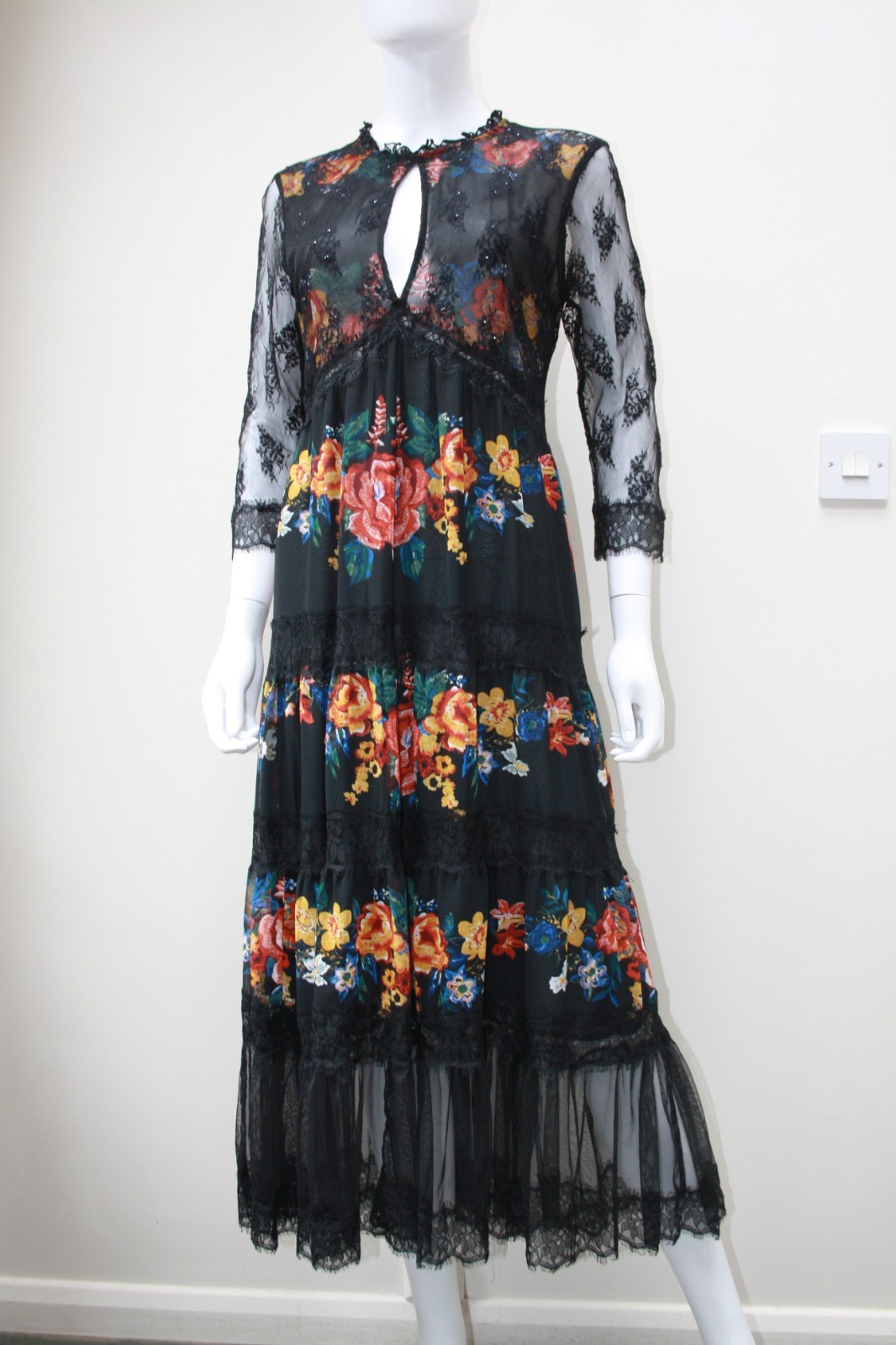 Vintage Kate Moss Topshop Floral Boho Lace Tiered Maxi Dress Size 12 image 3