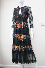 Topshop Women's Black Floral Midi A-Line Skirt Size 8 Viscose