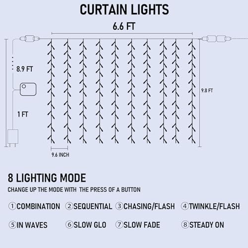 Window Curtain String Lights, 300 LED 8 Lighting Modes Fairy Lights USB White - Picture 5 of 7