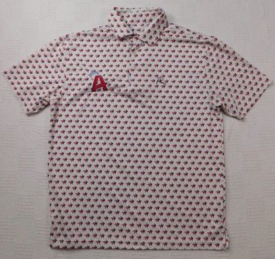 Rhoback Polo Shirt Men s M The GOAT Caddy USA FLAG Performance White AOP *LOGO*