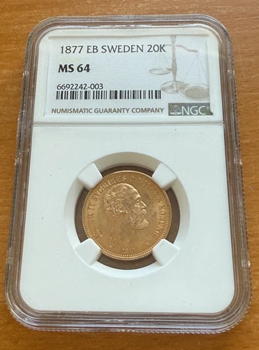 Sweden 1877 EB Gold 20 Kronor NGC MS64 Oscar II