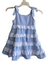 Rare Editions Blue White Seersucker Striped Dress Lace Tiered A-Line Girl's 4