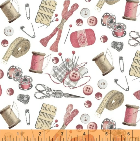 Sewing Theme Fabric | Stitch in Time Notion & Thread Toss Pink | Windham YARD