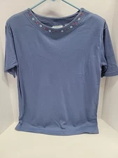 Vtg Separate Issue Women's Blue Embroidered Short Sleeve Shirt Top Size L