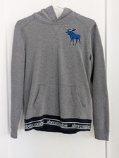 Abercrombie Kids Girls 13/14 Hooded Sweatshirt Gray Blue Moose Embroidery...