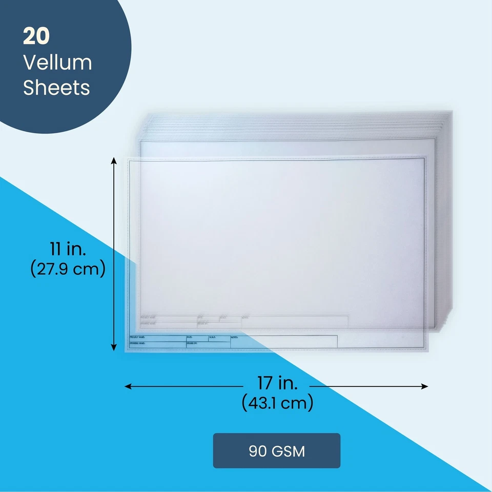 20 folhas de papel pergaminho arquitetônico com bloco de carimbo de engenheiro, 11x17" - Imagem 2 de 4