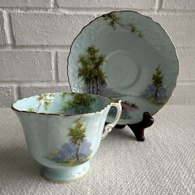 Aynsley England Vintage  Bluebell Time Blue Floral Scene Tea Cup & Saucer