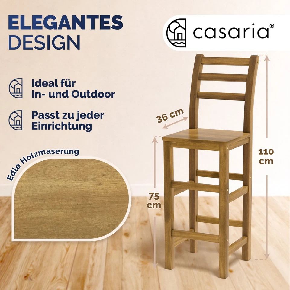 CASARIA® Tresenhocker Barstuhl Barhocker mit Lehne 2er Set Holz Küche Bar Hocker - Bild 3 von 4