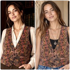 Vtg 70s Binny Paisley AOP Tapestry Vest Womens M L Boho Hippie Festival Alladin