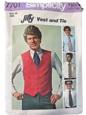 70s Simplicity 7701 Jiffy Mens Vest and Tie Pattern Size 44 Sewing Pattern CUT